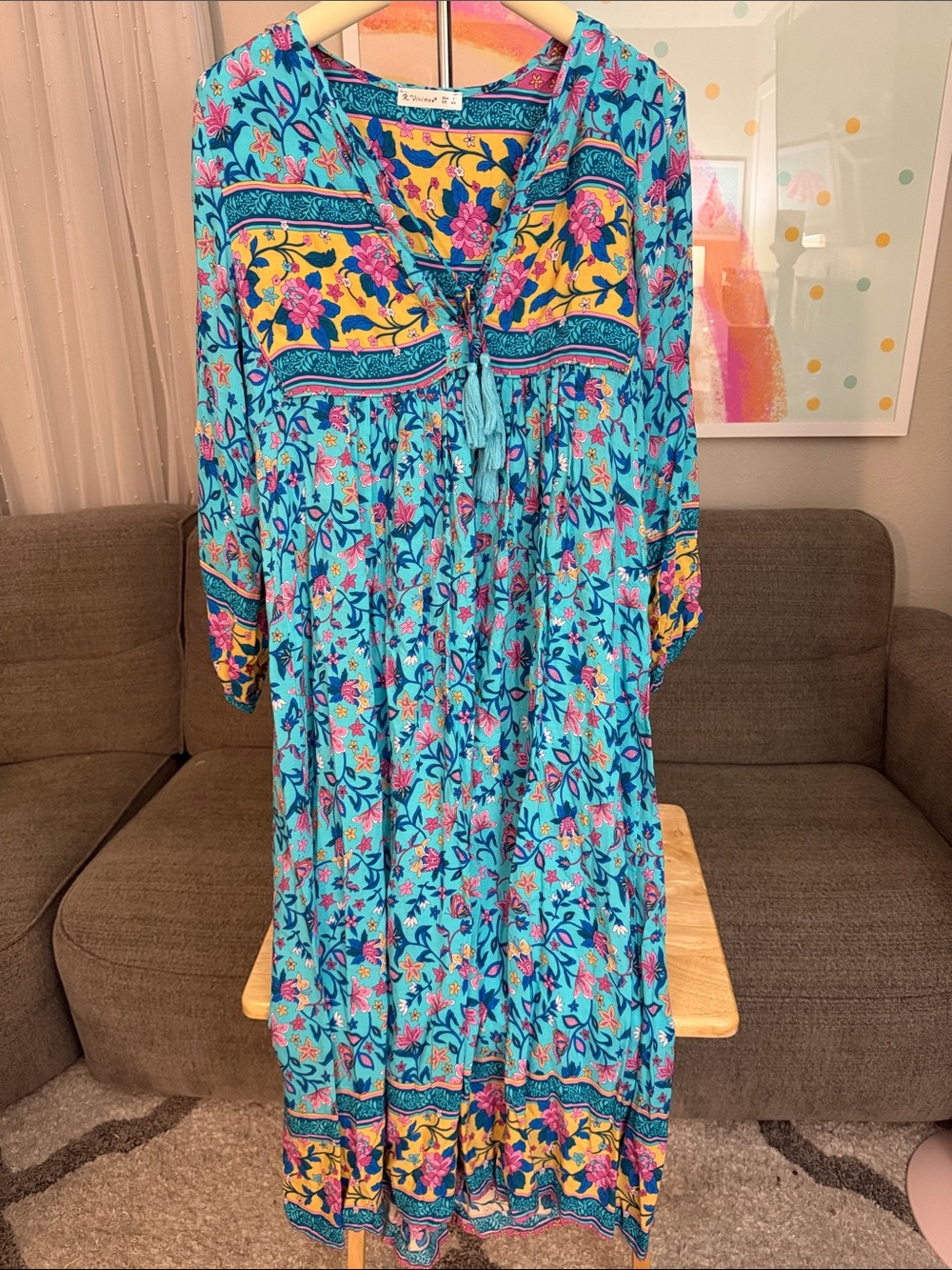 Boho Floral Maxi Dress in Turquoise with Yellow Accents